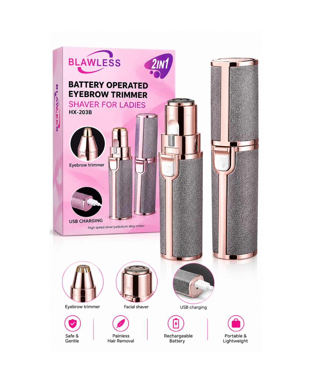 Tondeuse à Sourcils et Rasoir Visage Féminin 2-en-1 BLAWLESS (HX-203B) – Rechargeable USB, Pailleté