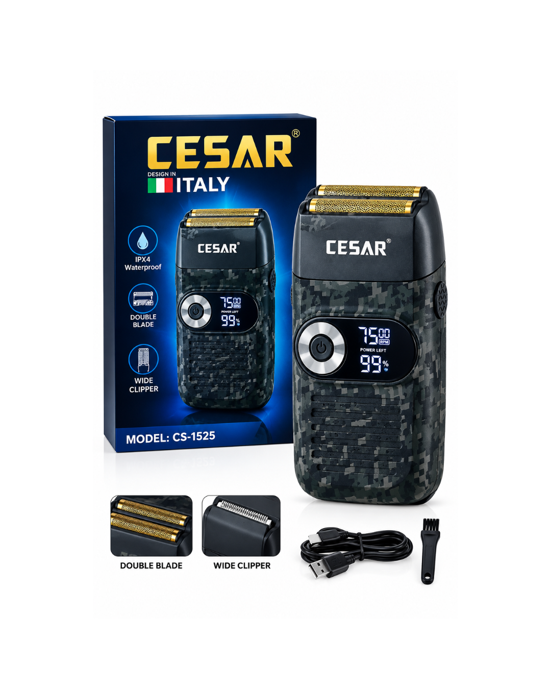 ماكينة حلاقة كهربائية احترافية للرجال CESAR (CS-1525) – شبكة مزدوجة، أداة تشذيب عريضة وشاشة LED، مقاومة للماء (IPX4)