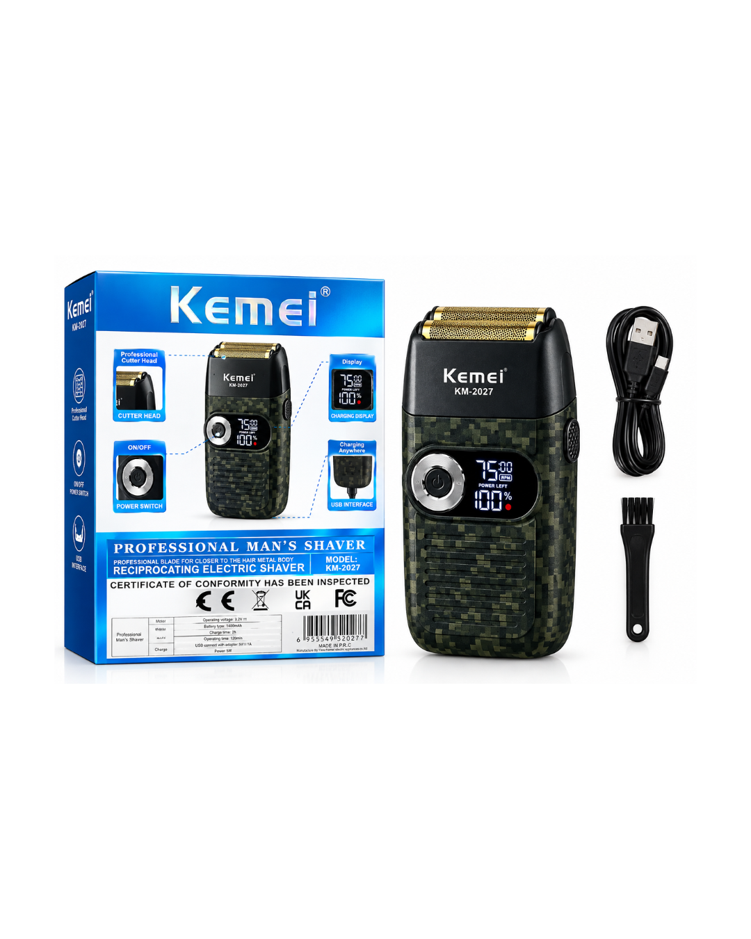 ماكينة حلاقة كهربائية احترافية للرجال من Kemei (طراز KM-2027) – شفرات مزدوجة (شبكية) ذهبية، تصميم مموه، شاشة LED، وقابلة للشحن عبر USB.