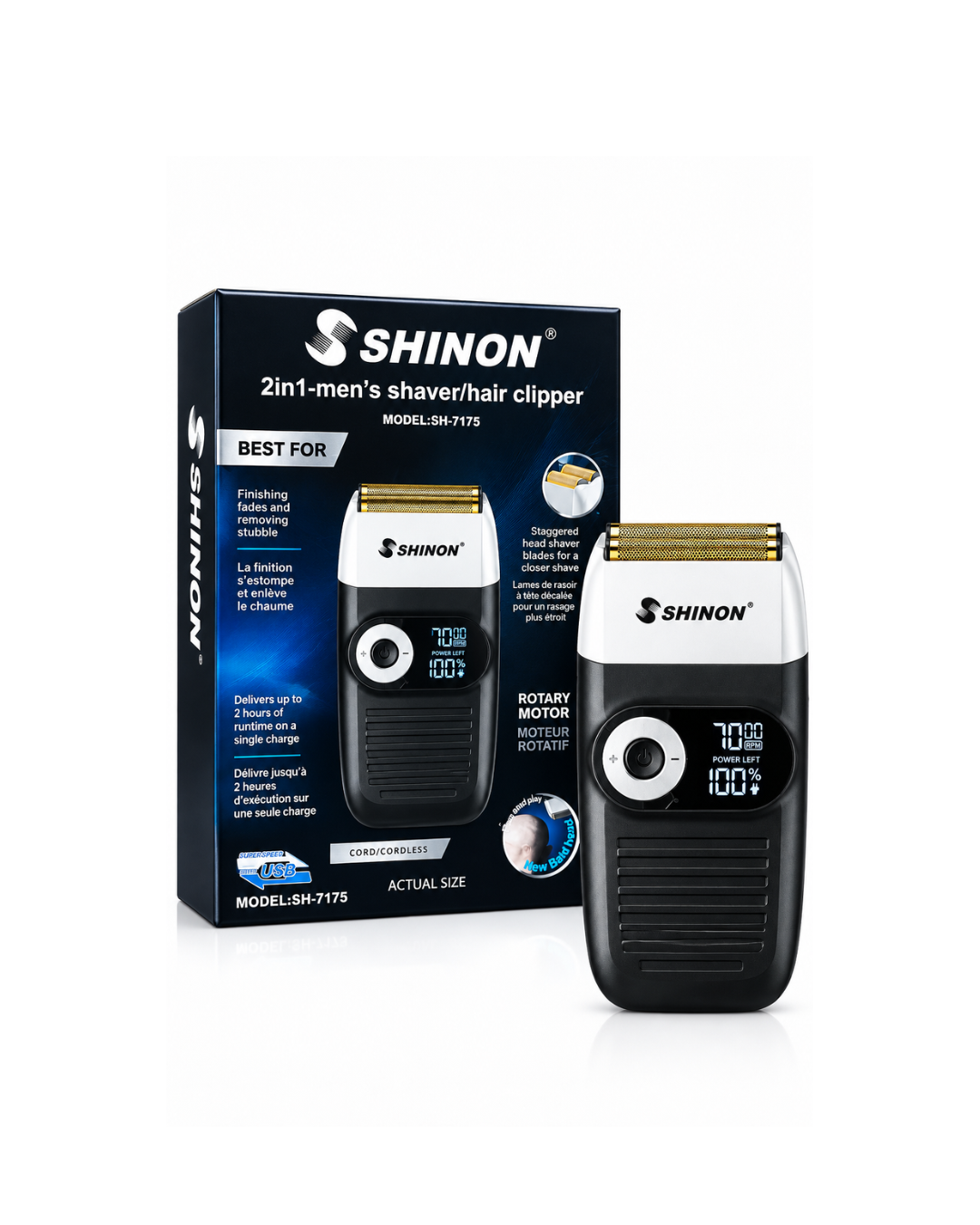 ماكينة حلاقة كهربائية احترافية للرجال SHINON (SH-7175) – شفرات شبكية مزدوجة متداخلة، محرك دوار، شاشة LED، وقابلة للشحن عبر USB