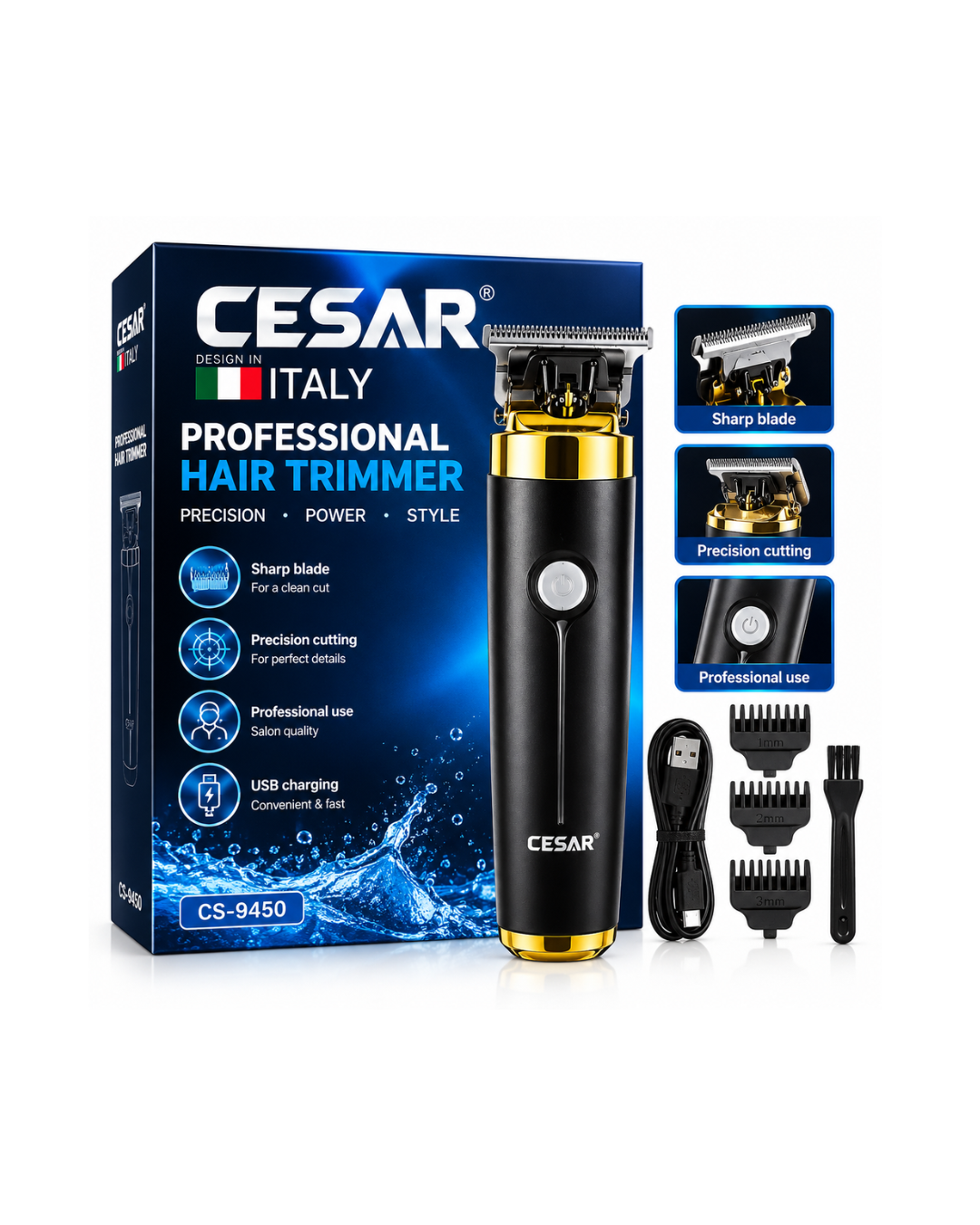 ماكينة احترافية لحلاقة الشعر واللحية CESAR (CS-9450) – دقة عالية، قابلة للشحن عبر USB، مع أمشاط ملحقة (1-3 مم)