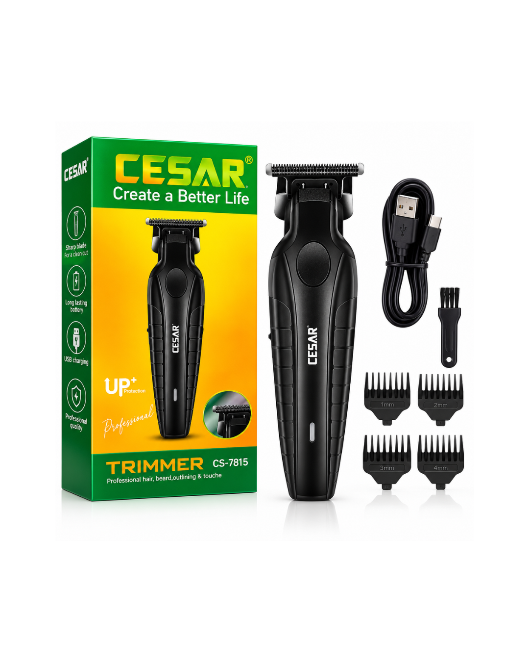 ماكينة CESAR الاحترافية لتشذيب الشعر واللحية (CS-7815) – دقة عالية، قابلة للشحن عبر USB، مع 4 أمشاط (1-4 مم)