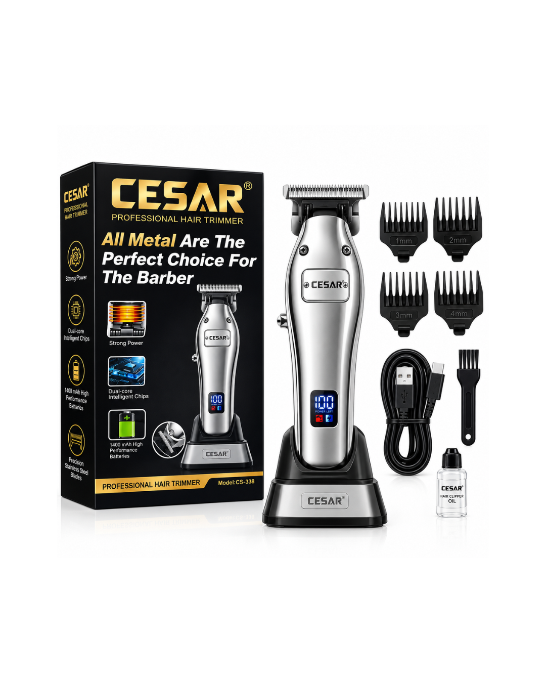 ماكينة احترافية لحلاقة الشعر واللحية CESAR (CS-338) – هيكل معدني بالكامل، شاشة LED، بطارية بسعة 1400 مللي أمبير وقاعدة شحن