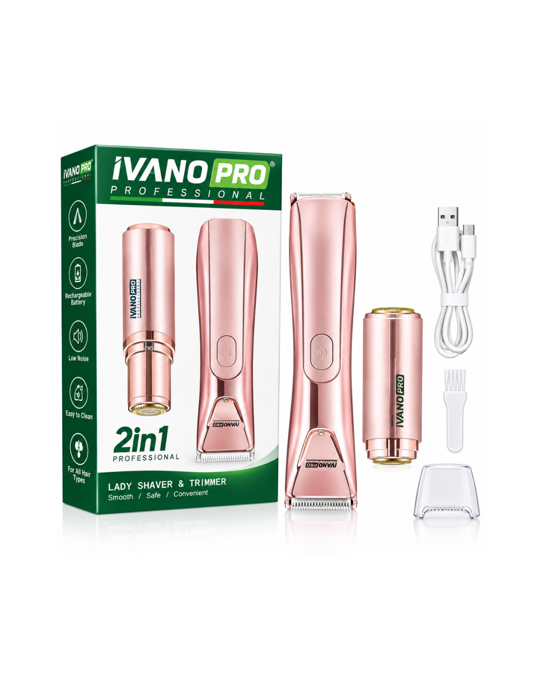 ماكينة حلاقة وتشذيب كهربائية نسائية 2 في 1 IVANO PRO – لجميع مناطق الجسم، قابلة للشحن عبر USB، لون ذهبي وردي