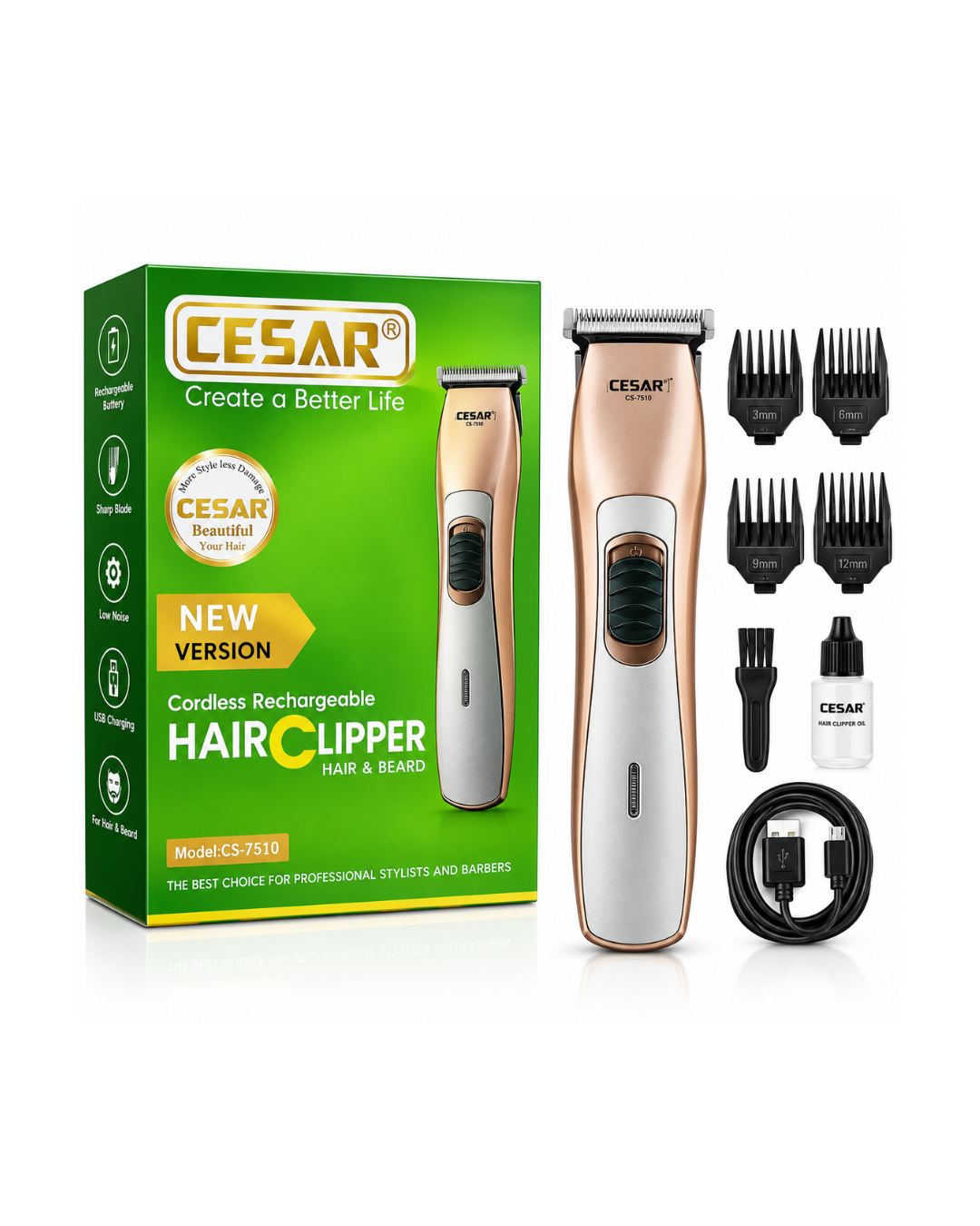 CESAR Professional Hair and Beard Clipper (CS-7510) – Cordless, New USB-Rechargeable Version with 4 Guide Combs (3–12mm)