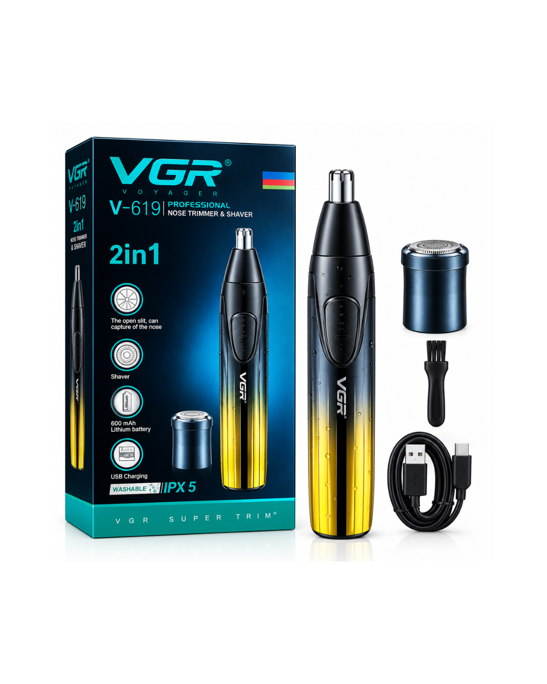 جهاز VGR (V-619) 2 في 1 لتشذيب شعر الأنف والأذن والحلاقة – بطارية ليثيوم 600 مللي أمبير، مقاوم للماء (معيار IPX5) وقابل للشحن عبر USB