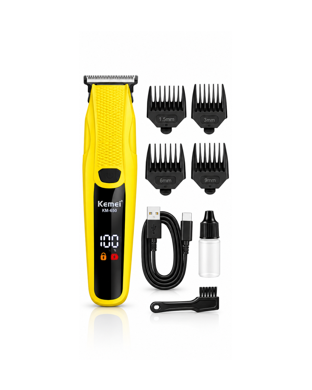 Kemei Professional Hair and Beard Trimmer (KM-650) – USB Type-C Rechargeable, LED Display, 1200mAh Lithium Battery & Child Lock