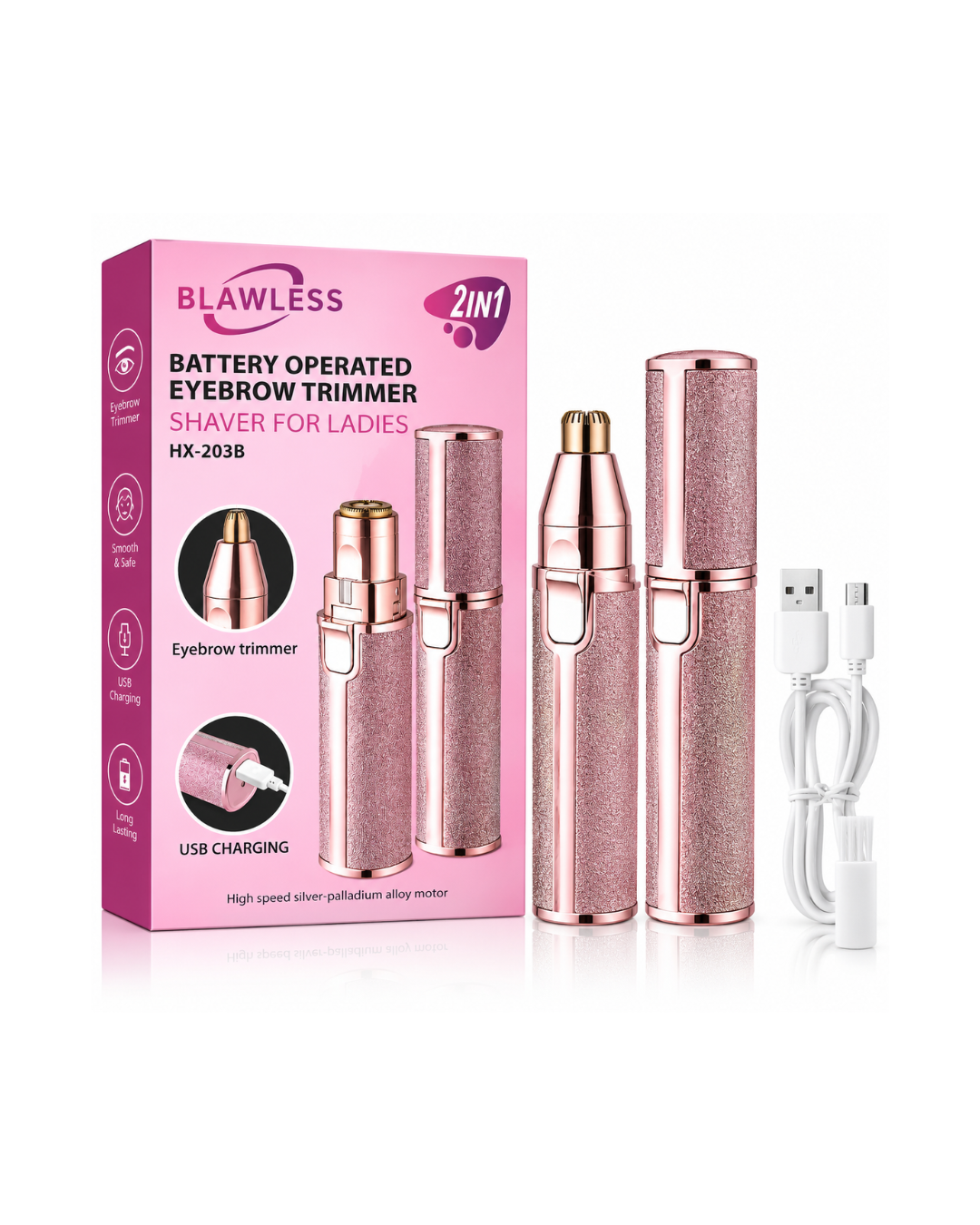 Tondeuse à Sourcils et Rasoir Féminin 2-en-1 BLAWLESS (HX-203B) – Rechargeable USB, Design Pailleté Rose