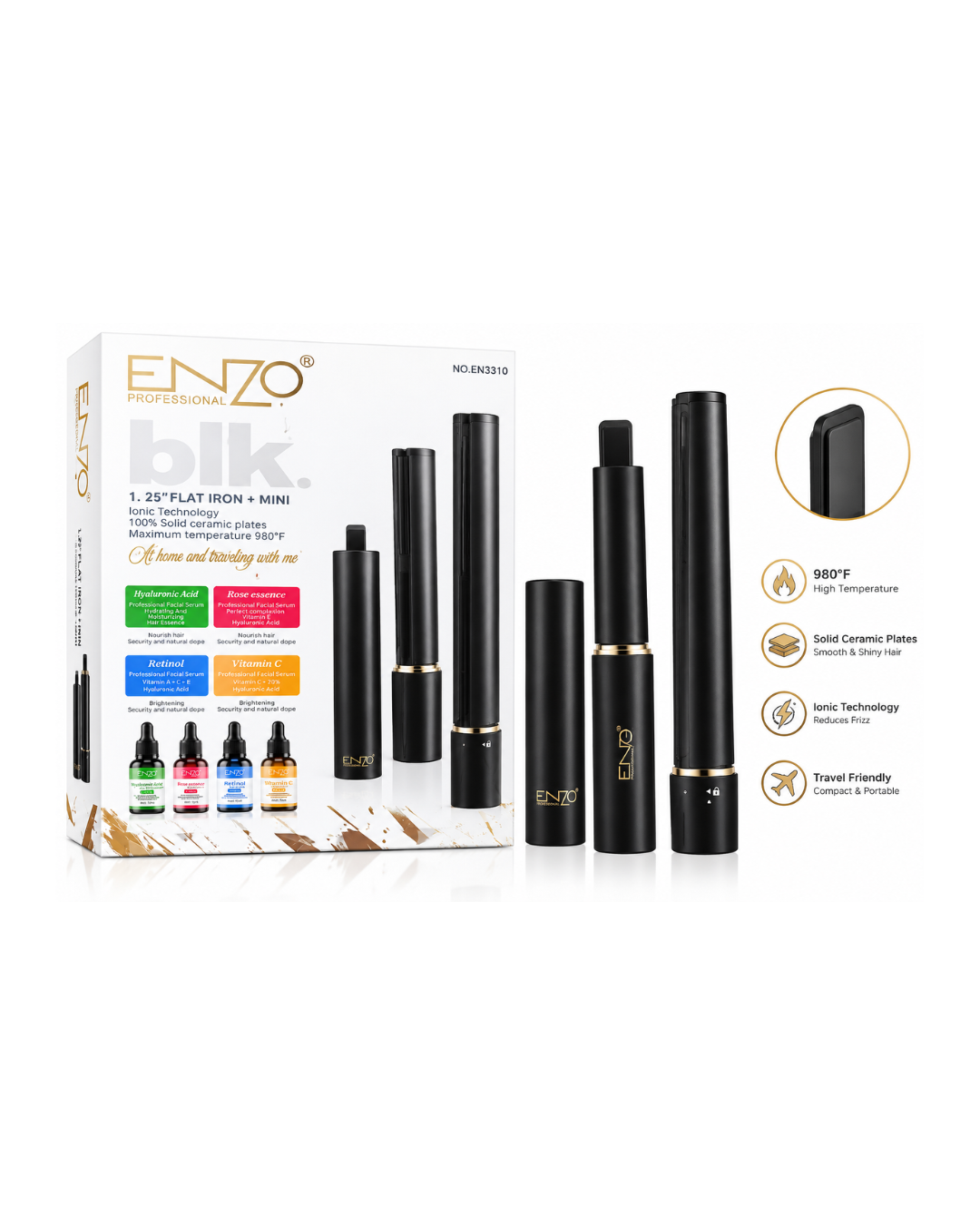 طقم تصفيف الشعر ENZO Professional (مكواة فرد الشعر 1.25 بوصة باللون الأسود + مكواة فرد صغيرة + 4 سيرومات للشعر)