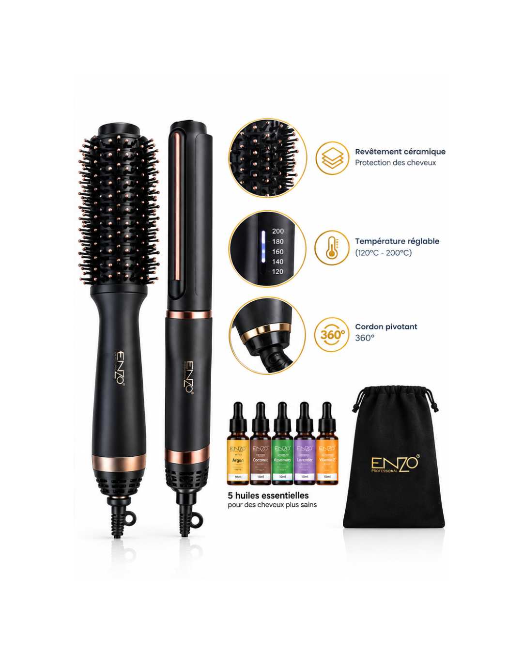 Coffret Coiffure ENZO Professional 2-en-1 – Brosse Chauffante, Boucleur & 5 Huiles Essentielles