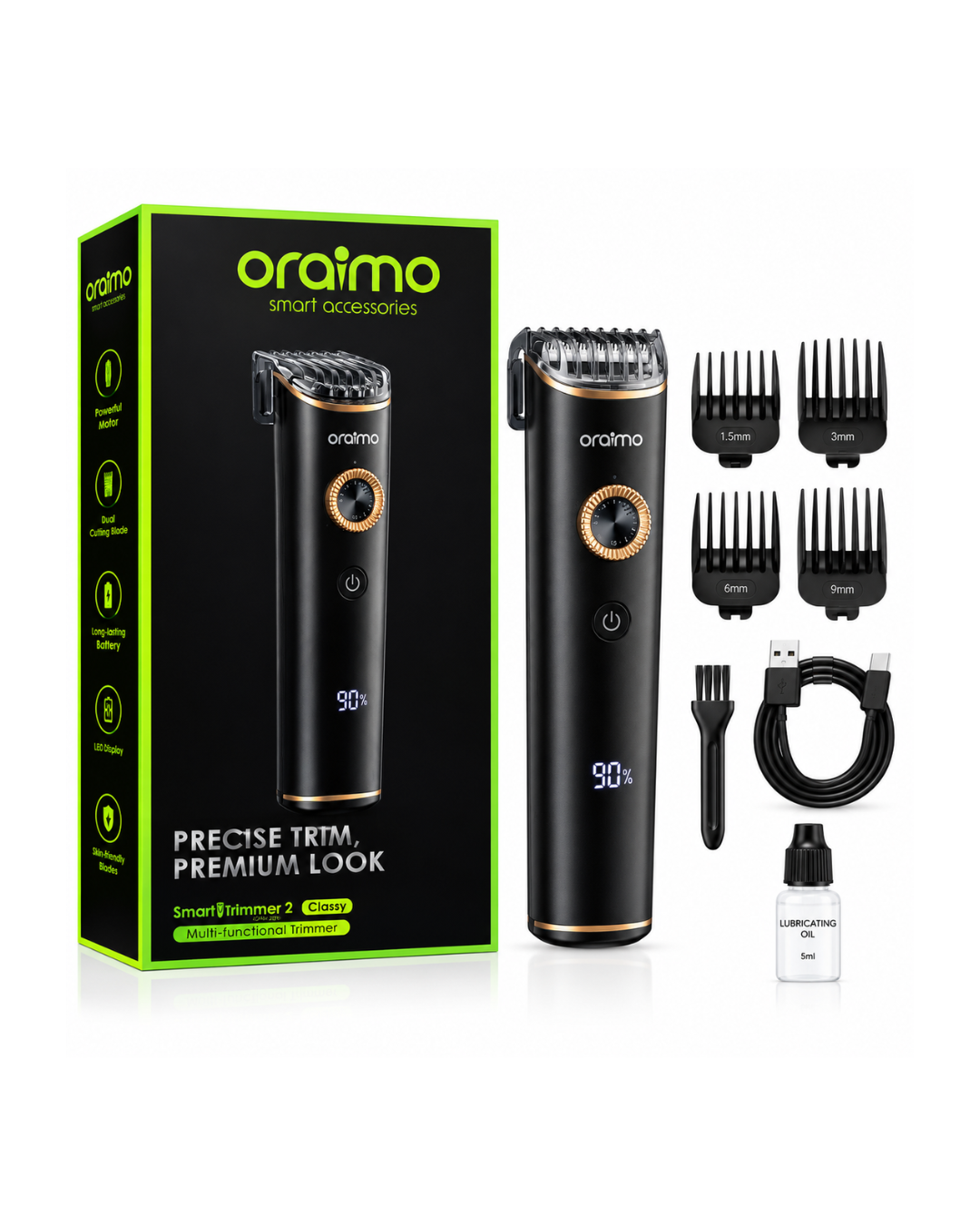 ماكينة حلاقة دقيقة Oraimo SmartTrimmer 2 Classy – عجلة ضبط وشاشة LED متعددة الوظائف