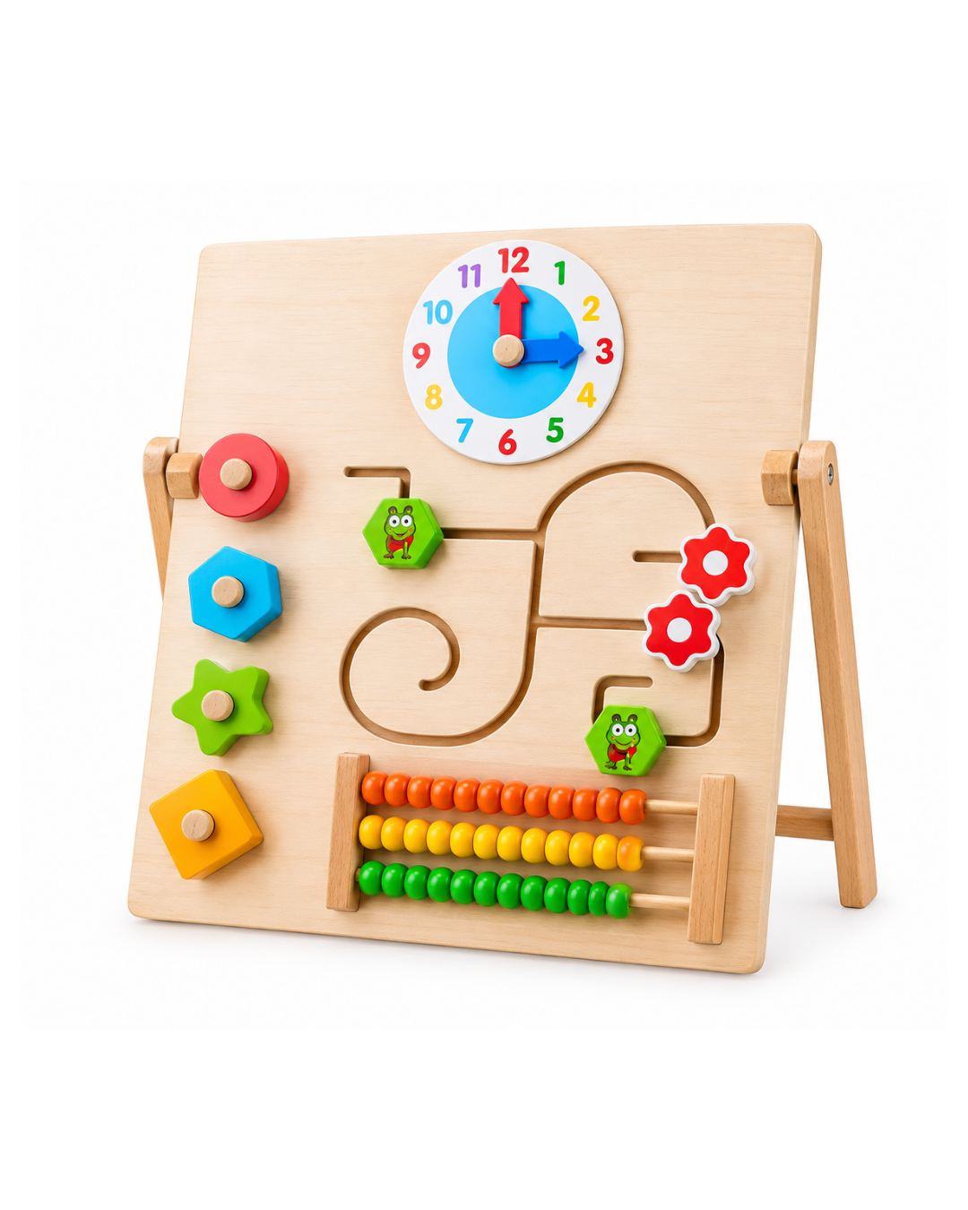 Tableau d'Activités Chevalet en Bois Montessori – Horloge, Boulier et Labyrinthe Éducatif.