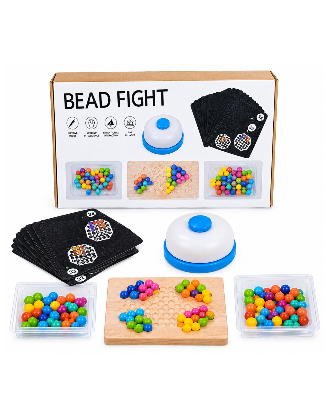 لعبة لوحية تعليمية "Bead Fight" – تحدي فرز الخرز الخشبي مع جرس.
