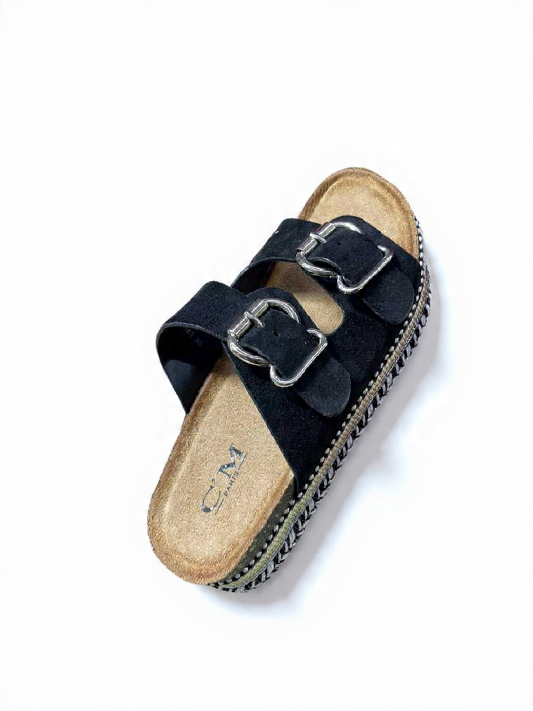 Chaussure ouverte en cuir CM Paris - double boucle argentée et semelle tressée