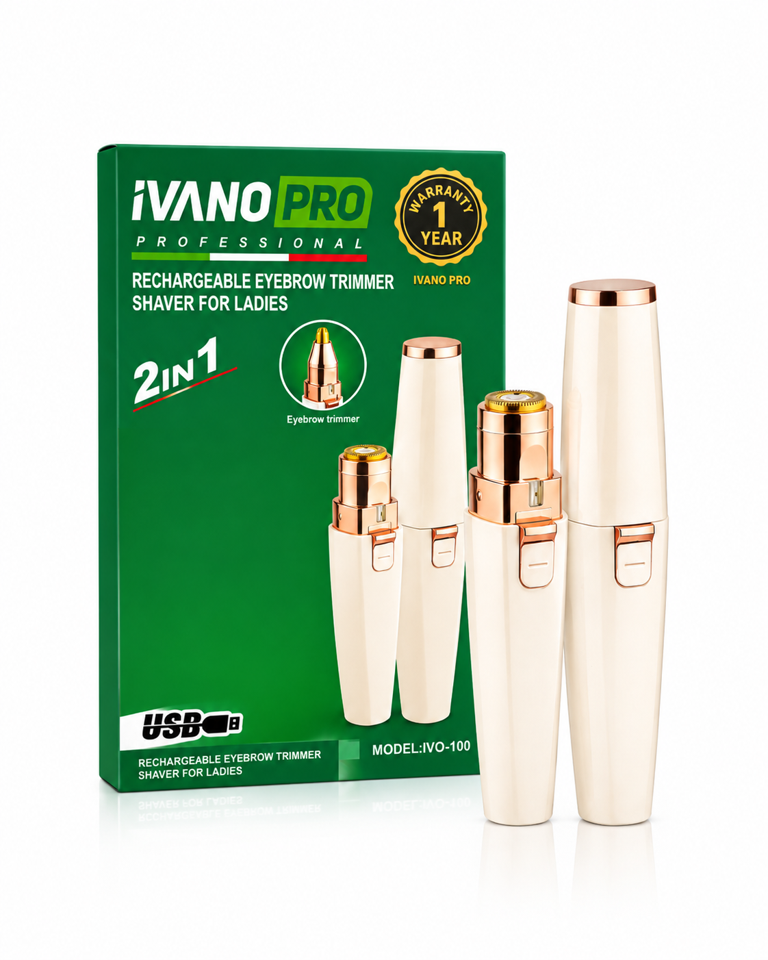 جهاز 2 في 1 لتشذيب الحواجب وإزالة الشعر للنساء IVANO PRO (IVO-100) – قابل للشحن عبر USB