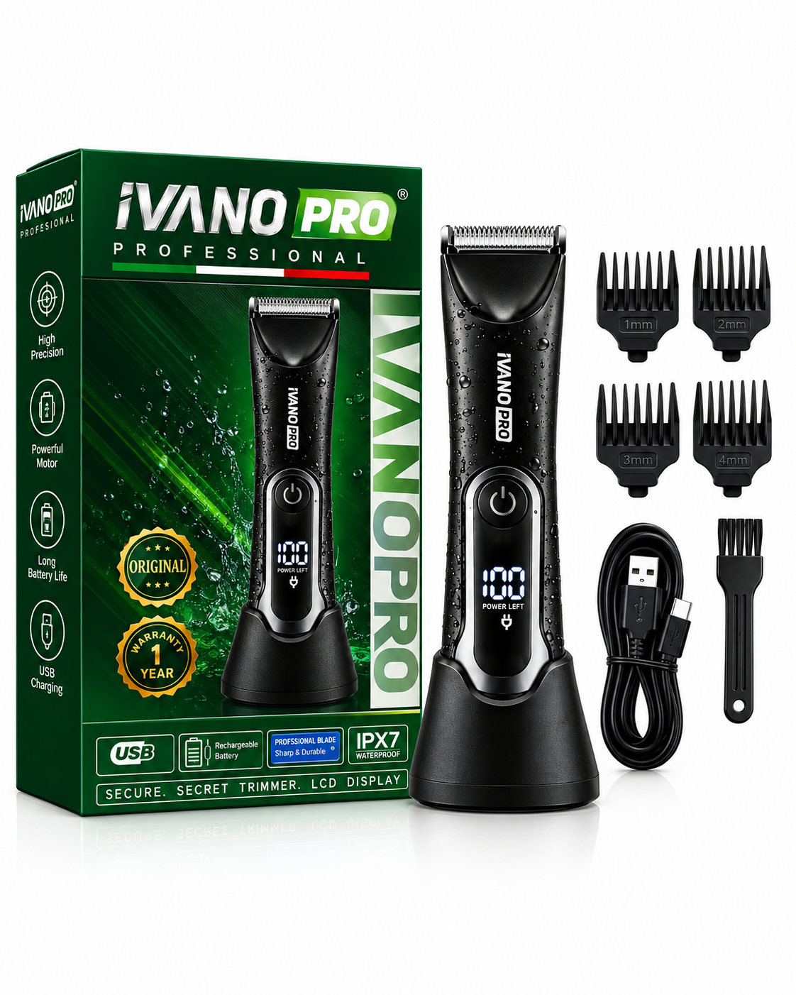 Français : Tondeuse Intime et Corporelle Professionnelle IVANO PRO – Étanche IPX7, Écran LED, Rechargeable USB avec Socle et 4 Sabots